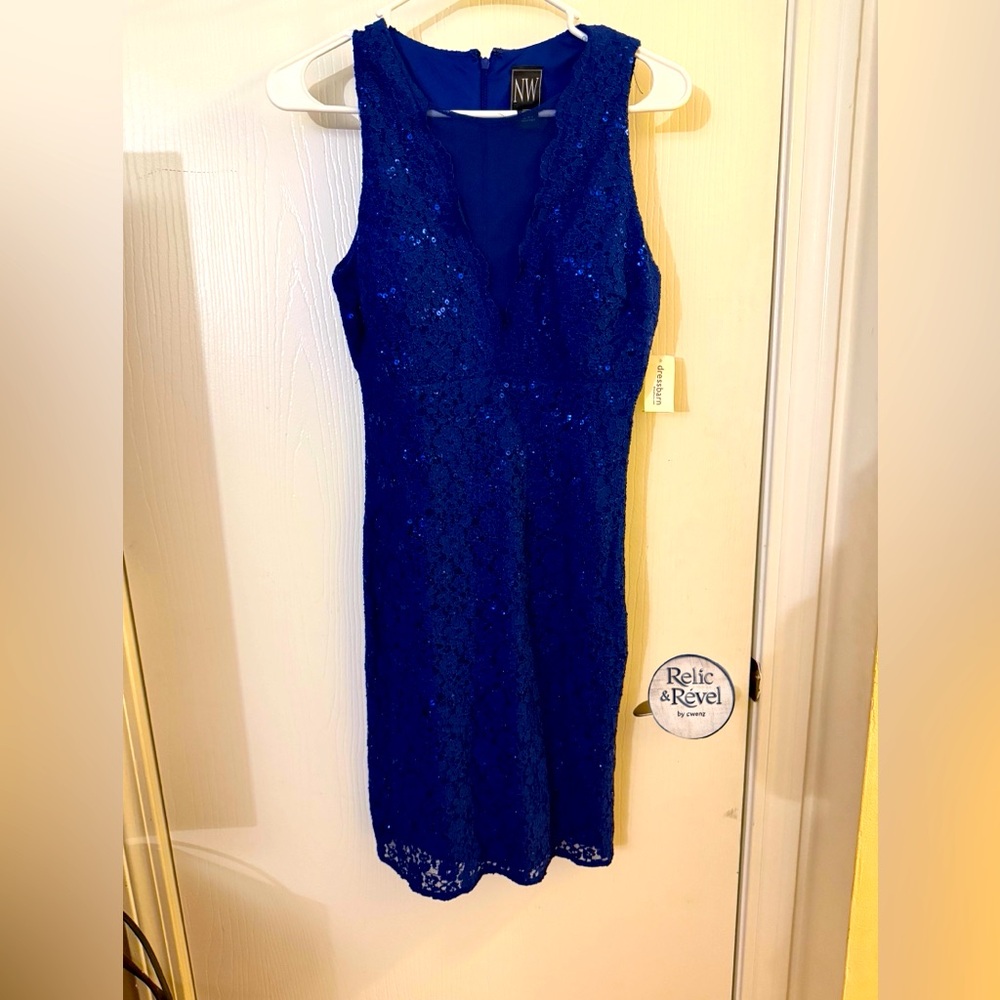 Nightway blue Sequin Lace Dress - Size 4 (NWT)